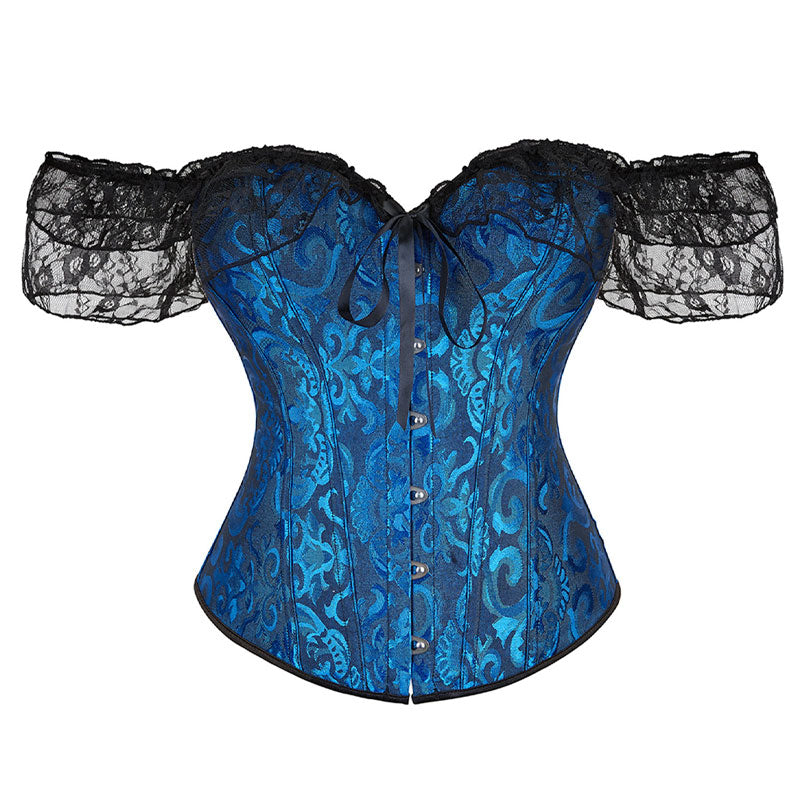 Lace Short Sleeves Corset Women Steampunk Gothic Off Shoulder Bustier Jacquard Overbust Corset