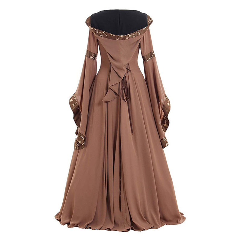 European Retro Medieval Square Neck Hooded Bell Sleeve Full Skirt Cosplay Costumes