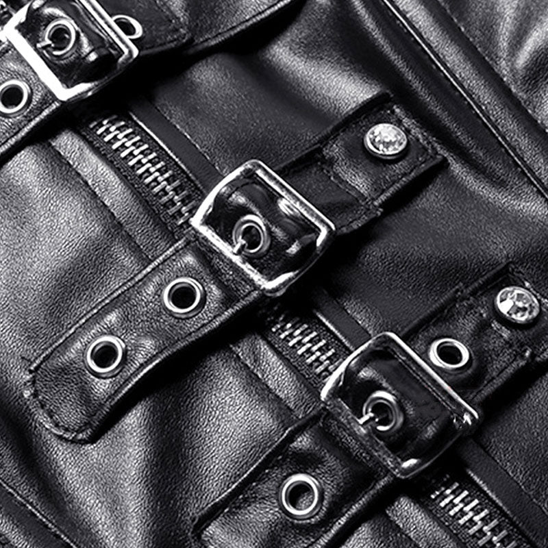 Fashion Leather Corset Top Women Zip Buckles Boned Overbust Bustier Vest Sexy Punk Motorcycle Party Clubwe