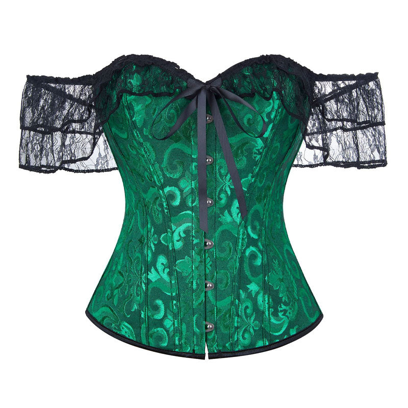 Lace Short Sleeves Corset Women Steampunk Gothic Off Shoulder Bustier Jacquard Overbust Corset