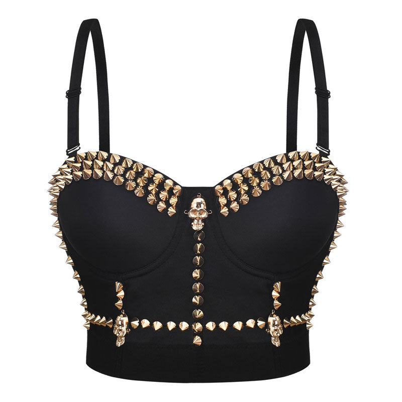 Women's Metallic Spike Punk Goth Bra Clubwear Corset Studded bustier silver one piece strapless