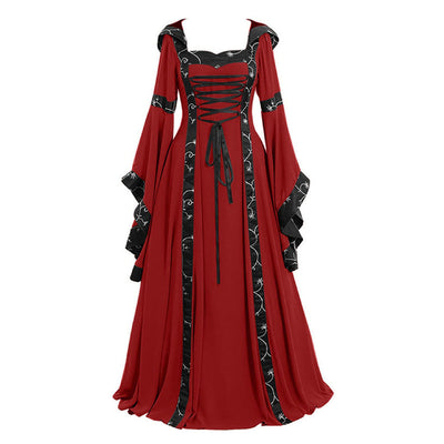 European Retro Medieval Square Neck Hooded Bell Sleeve Full Skirt Cosplay Costumes