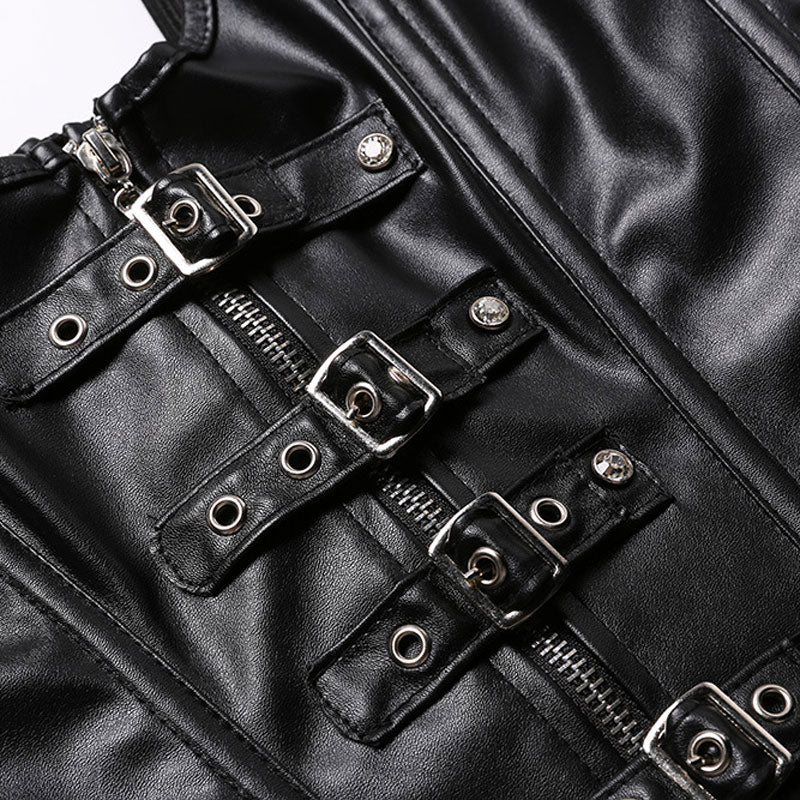 Women's Steampunk Faux Leather Bustier Halter Shoulder Straps Underbust Corset Top