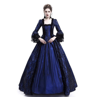 European Retro Court Style Medieval Lace Patchwork Flared Sleeve Dress Cosplay Costumes