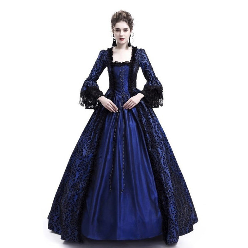 European Retro Court Style Medieval Lace Patchwork Flared Sleeve Dress Cosplay Costumes