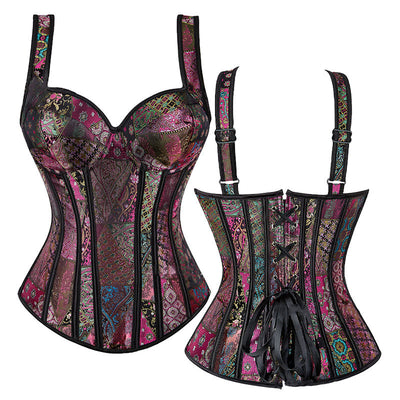Women's Jacquard Shoulder Straps Corset Tops Lace Up Overbust Bustier Renaissance Court Push Up Crop Tops Waist Cincher