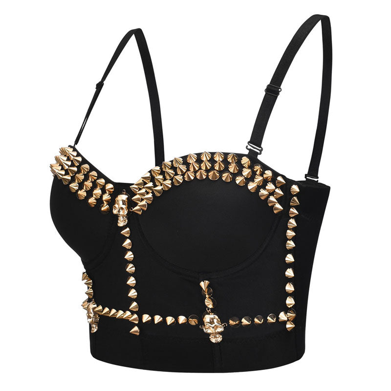 Women's Metallic Spike Punk Goth Bra Clubwear Corset Studded bustier silver one piece strapless