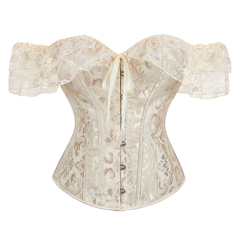 Lace Short Sleeves Corset Women Steampunk Gothic Off Shoulder Bustier Jacquard Overbust Corset