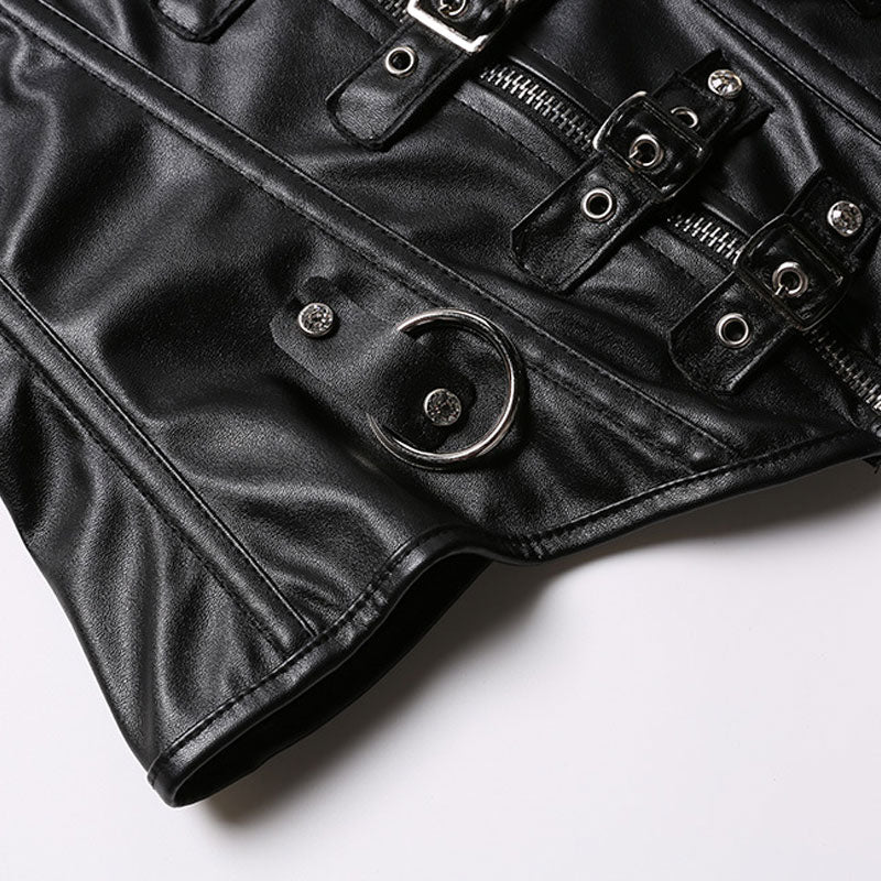 Women's Steampunk Faux Leather Bustier Halter Shoulder Straps Underbust Corset Top