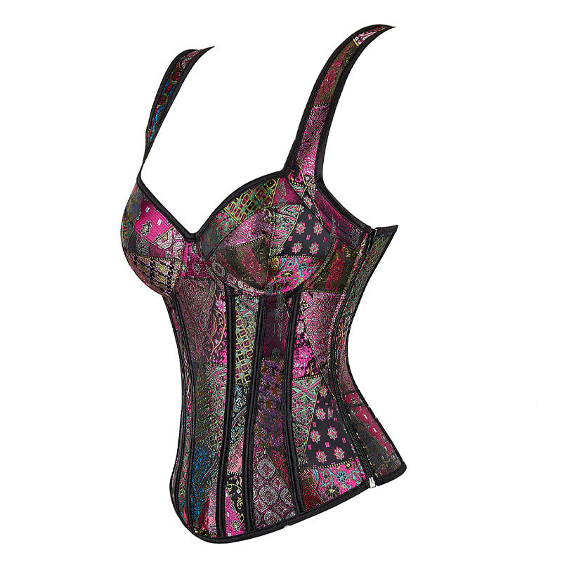 Women's Jacquard Shoulder Straps Corset Tops Lace Up Overbust Bustier Renaissance Court Push Up Crop Tops Waist Cincher