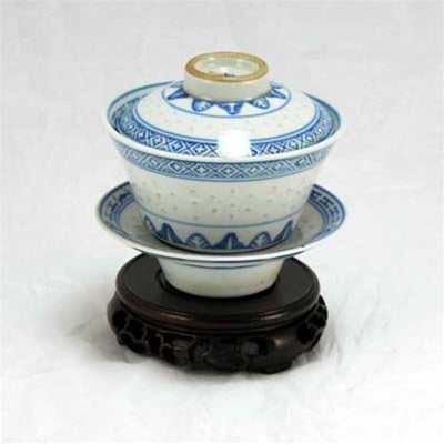 1970s Blue and White Porcelain Rice Grain Pattern Hand-Painted Gaiwan