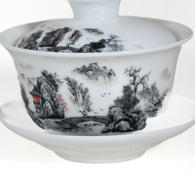 Porcelain Gray Color Landscape Gaiwan