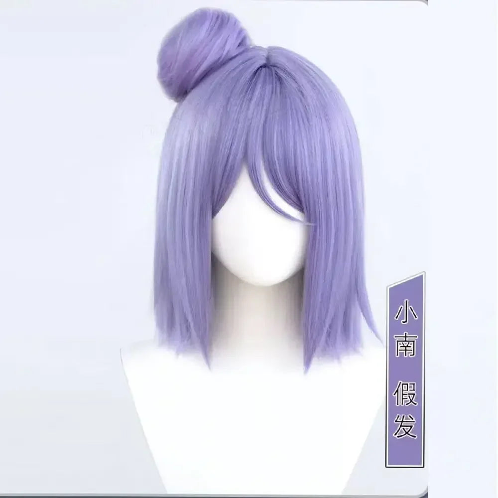 Anime Naruto Konan Cosplay Wig – Short Purple Bob with Side Bun & Flower Hairpiece