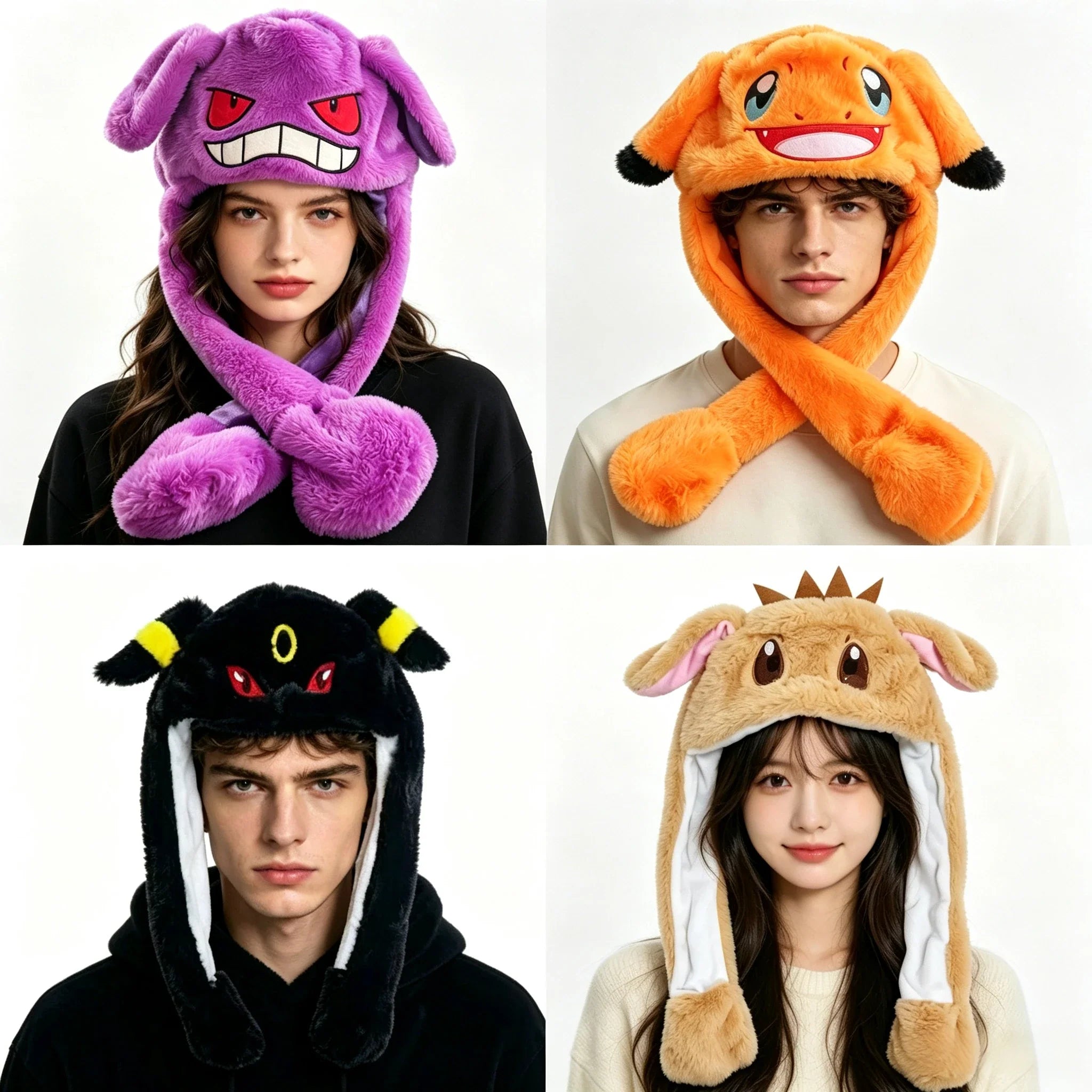 Pokémon Moving Ears Plush Hat – Cute Fluffy Pikachu, Gengar & Charmander Cosplay Hat for Kids & Adults