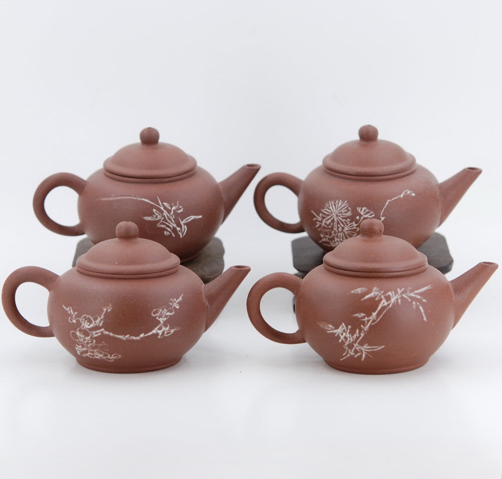 Yixing 1980's #10 Zini Flower and Poem Series Set of 4 Yixing Teapots - Mei Lan Zhu Qu (Plum, Orchid, Bamboo, Chrysanthemum)