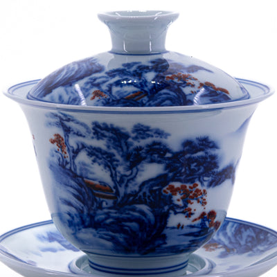 Blue and White Underglaze Red Porcelain Landscape Design Gaiwan #1a